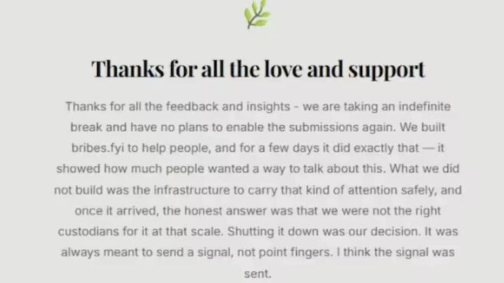 Crowd‑funded anti‑bribery portal shuts down after attracting 200,000 users in 48 hours