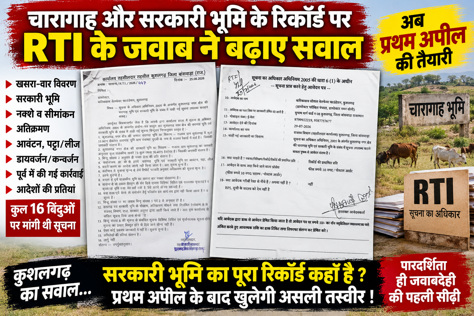 📰 RTI के जवाब ने बढ़ाए सवाल, चारागाह व सरकारी भूमि के रिकॉर्ड पर अब प्रथम अपील की तैयारी