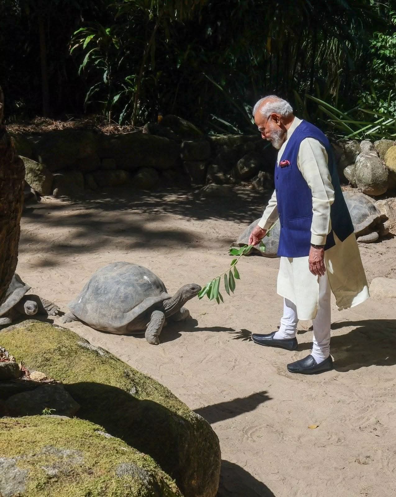 PM Narendra Modi visited the Giant Tortoise Enclosure at the Seychelles National Botanical Garden with President Dr. Patrick Herminie.